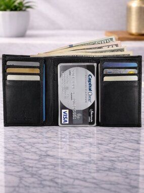 Trifold Men Black Multi Holder Zipper Pocket Leather Classic Organizer Wallet